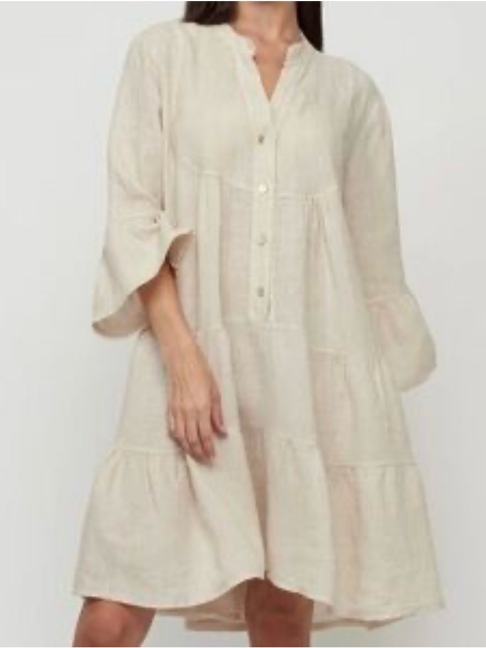 Pistache Linen Tiered Dress Ruffle Sleeve Beige Flax Made Italy Oversized S